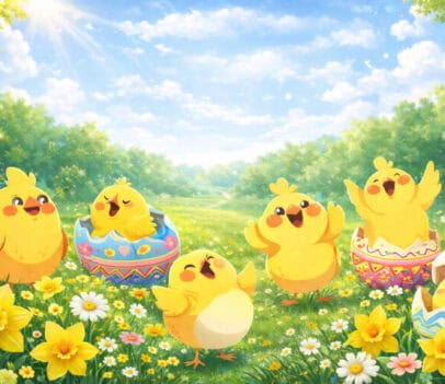 A spring scene with cartoon chicks in a field