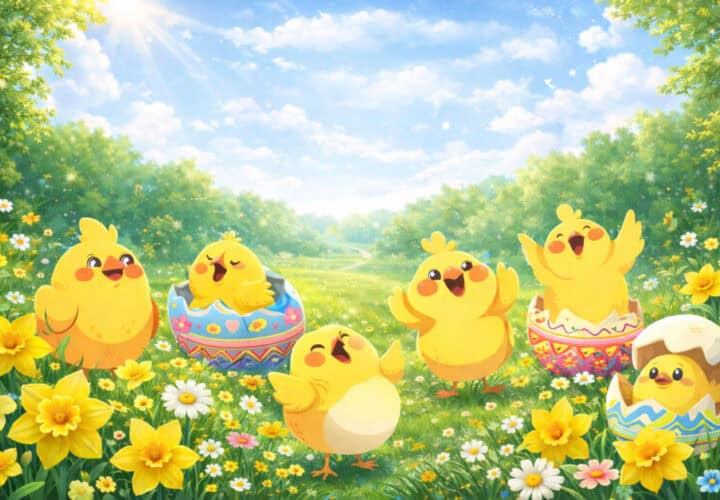 A spring scene with cartoon chicks in a field