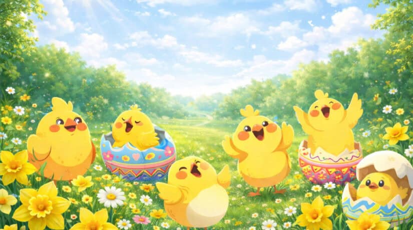A spring scene with cartoon chicks in a field
