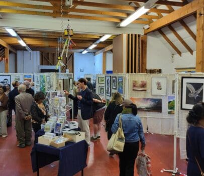 People looking at art exhibition